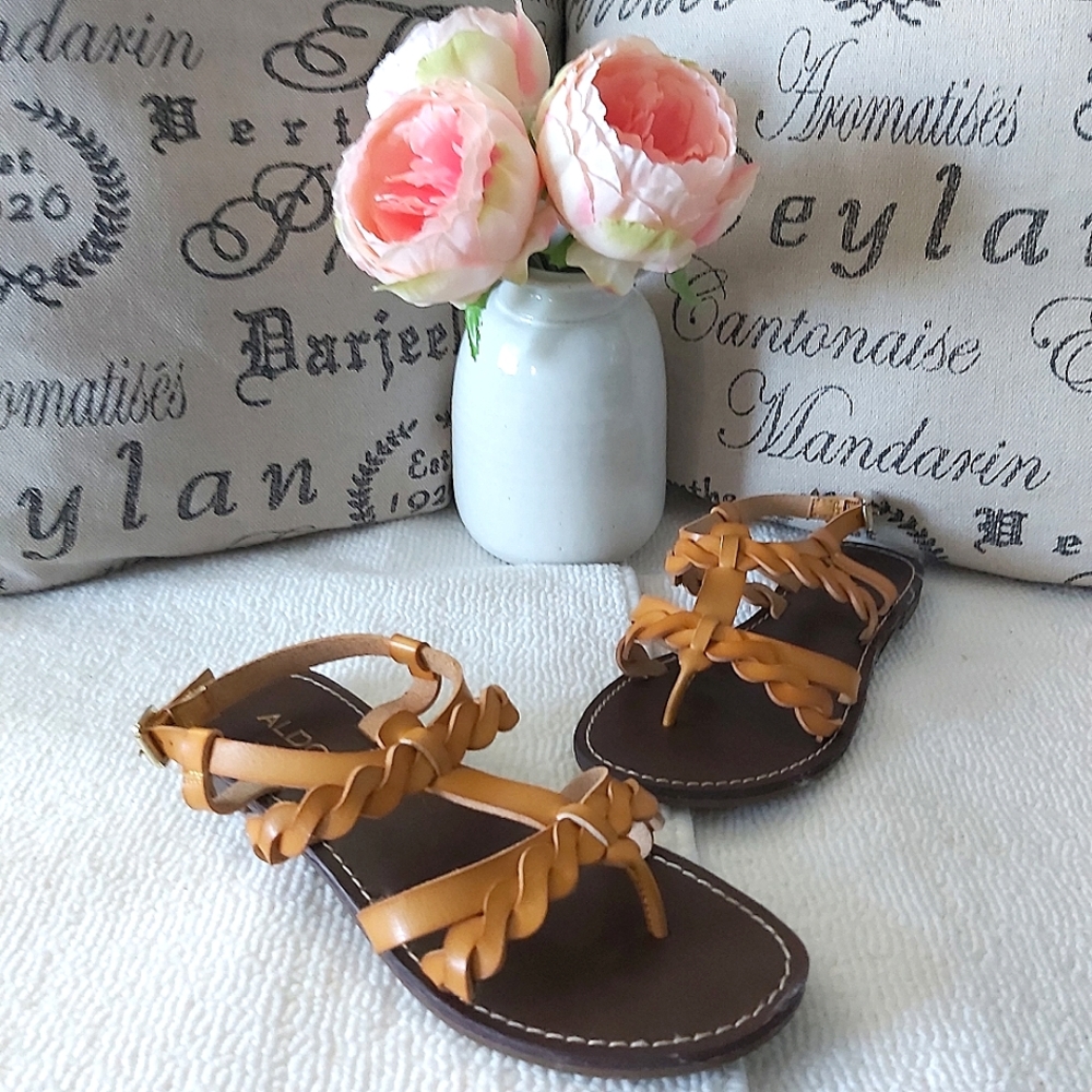 ALDO sandals leather brown mustard strappy
